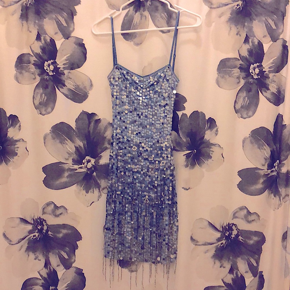Light blue and silver sequence backless cocktail dress. Vintage Marciano